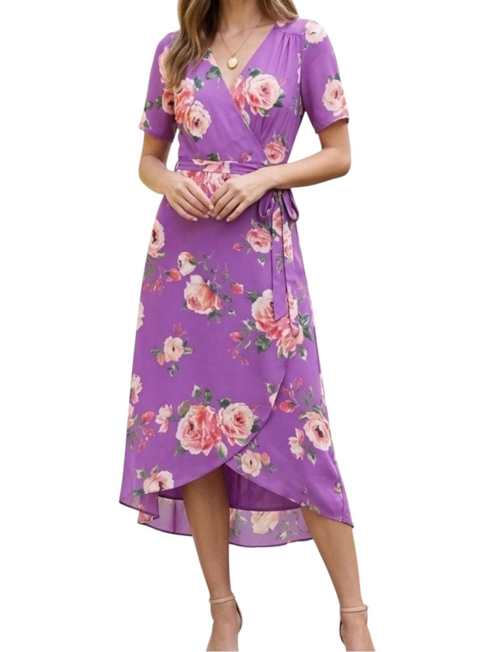 Everly Purple Floral Chiffon Lined V-Neck Short Sleeve Wrap Midi Dress M ED3263